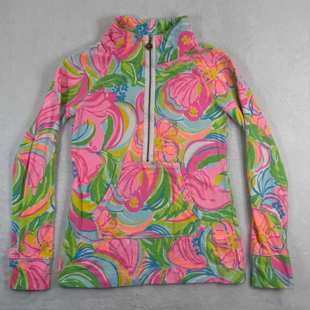 Lilly Pulitzer Skipper Popover Pink Green Floral Quarter Zip Pullover XXS 33261